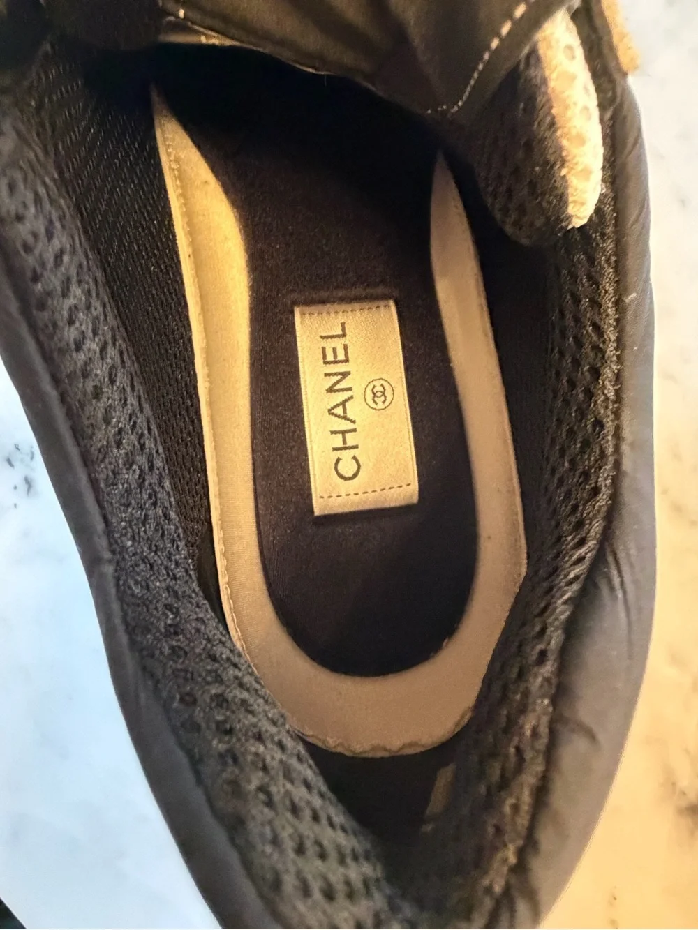 CHANEL Women’s White and Navy CC Logo Sneakers- size 42